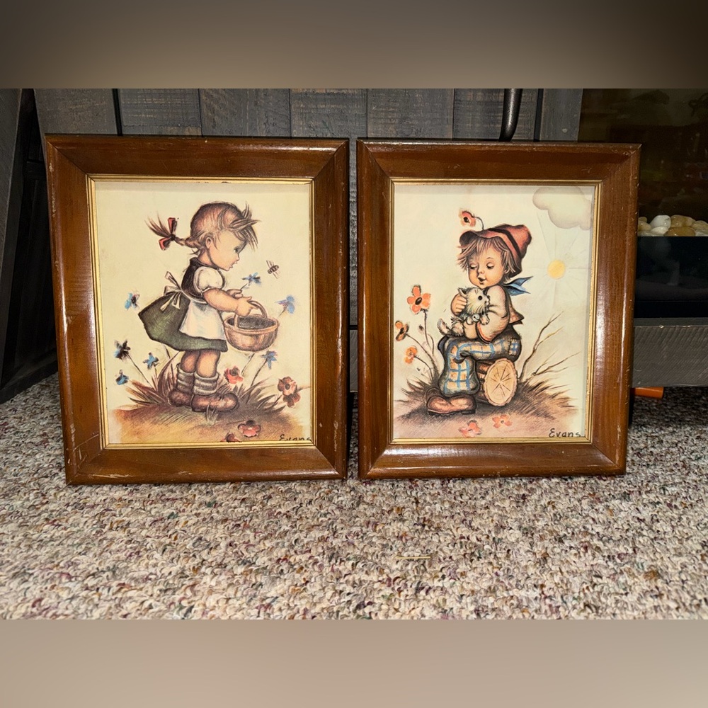 Vintage‎ Evans Framed Children Prints - vintage Hummel-style lithograph art